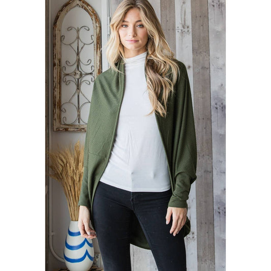 J70802 - Urban Knit Shawl Open Front Cardigan: Olive / M