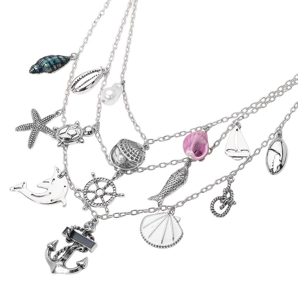 Anchor Sea Shell Pearl Dolphin Fish Rope Sea Turtle Charm Embellished Triple Layered Necklace: Antique Rhodium,Multi