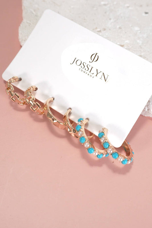 LINK DIAMOND CUT TURQ PEARL TRIO HOOP EARRING SETS | 80E5781: SET