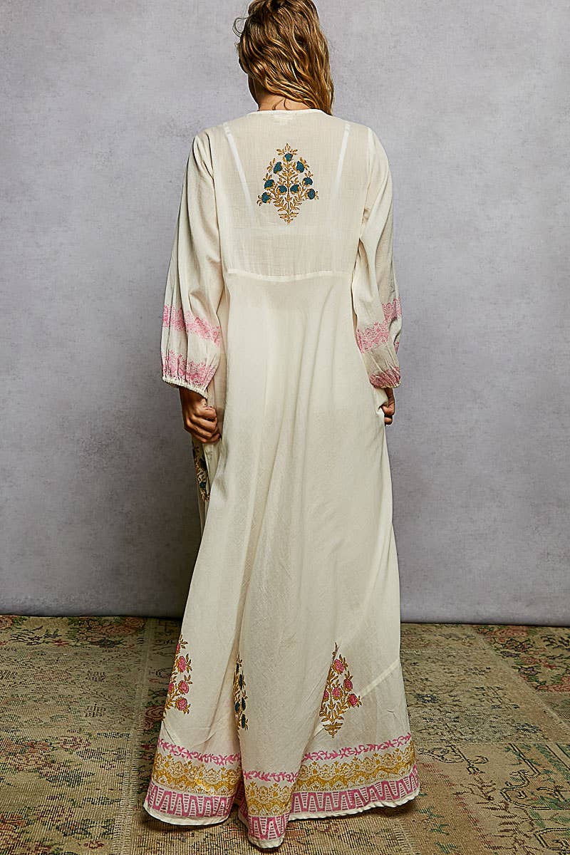 Embroidered Floral Print V-Neck Balloon Sleeve Maxi Dress