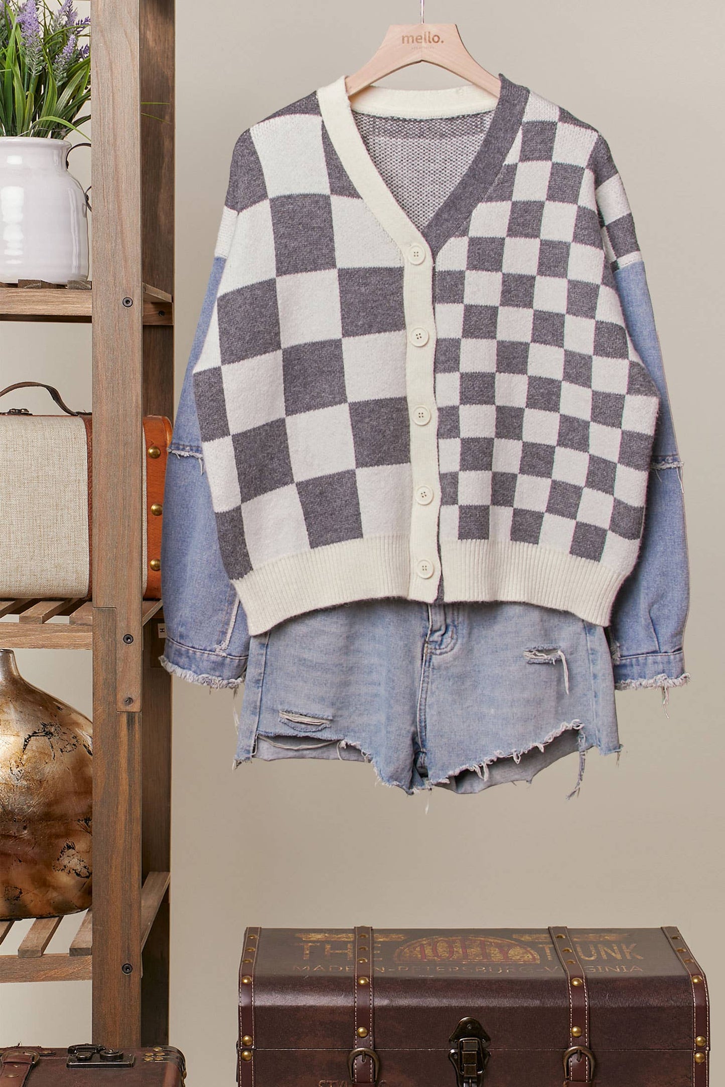 Checker Plaid Cardigan: Charcoal / M