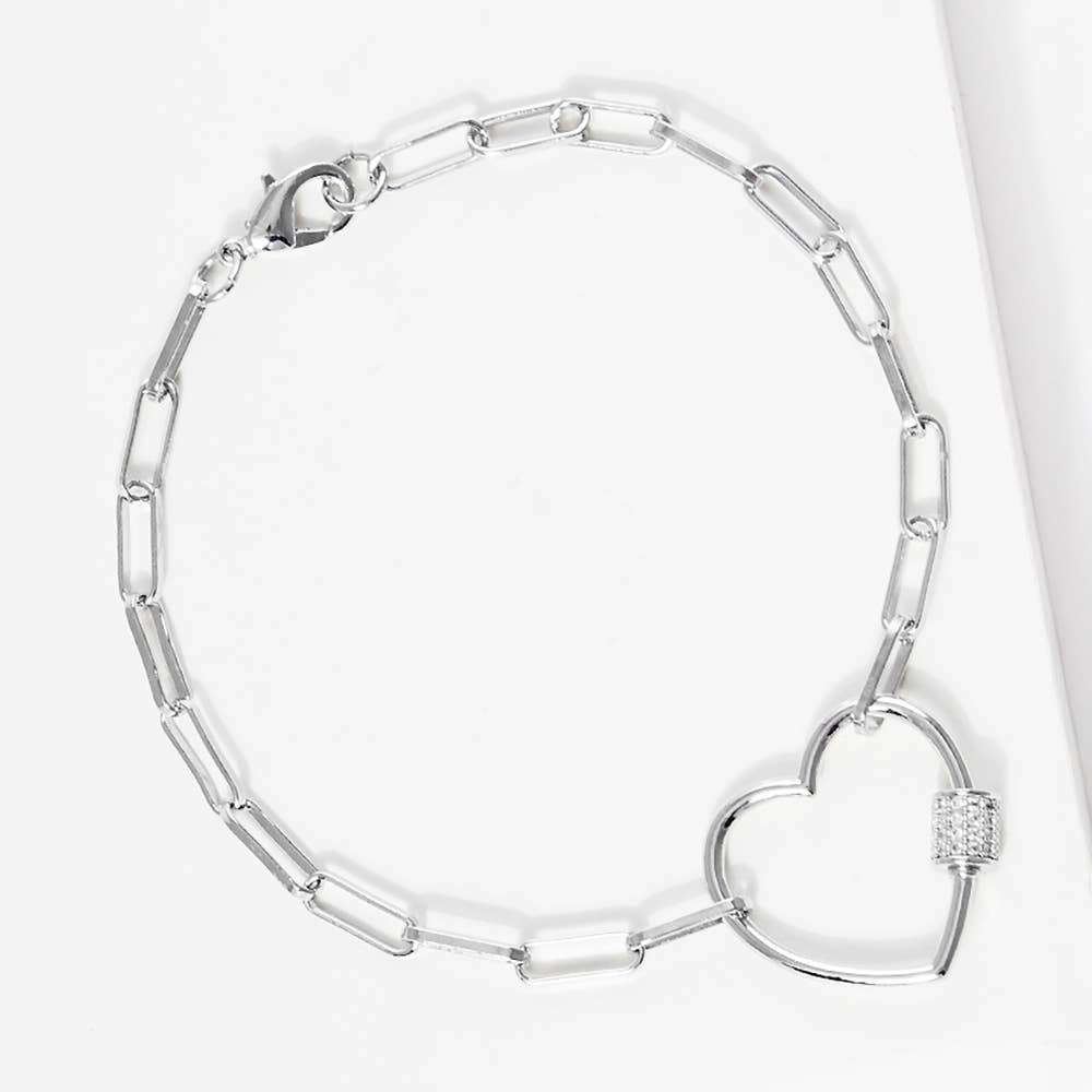 Gold Dipped CZ Open Heart Carabiner Paperclip Chain Bracelet: Silver