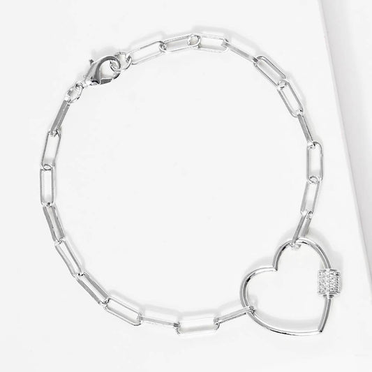 Gold Dipped CZ Open Heart Carabiner Paperclip Chain Bracelet: Silver