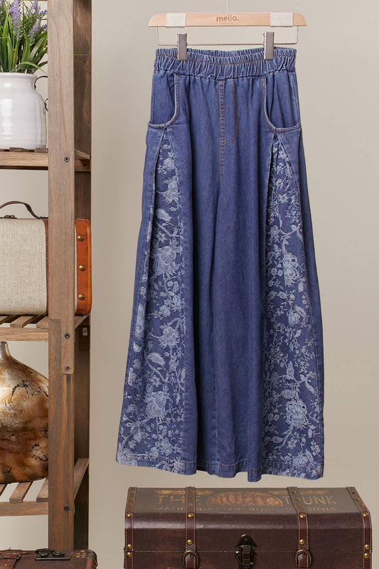 Side Floral Wide-Leg Jeans Pants: Denim / L