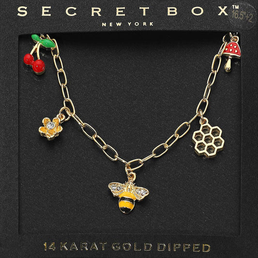 SECRET BOX_14k Gold Dipped Honey Bee Honey Comb Cherry Flower Mushroom Charm Station Paperclip Chain Necklace: Gold