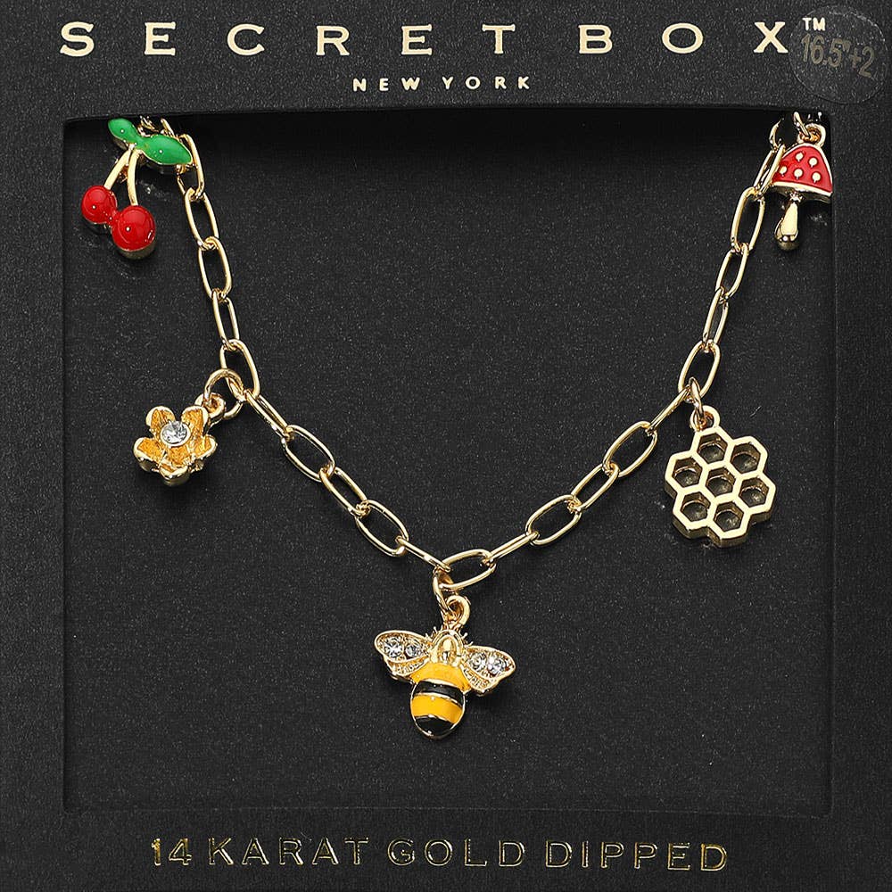 SECRET BOX_14k Gold Dipped Honey Bee Honey Comb Cherry Flower Mushroom Charm Station Paperclip Chain Necklace: Silver