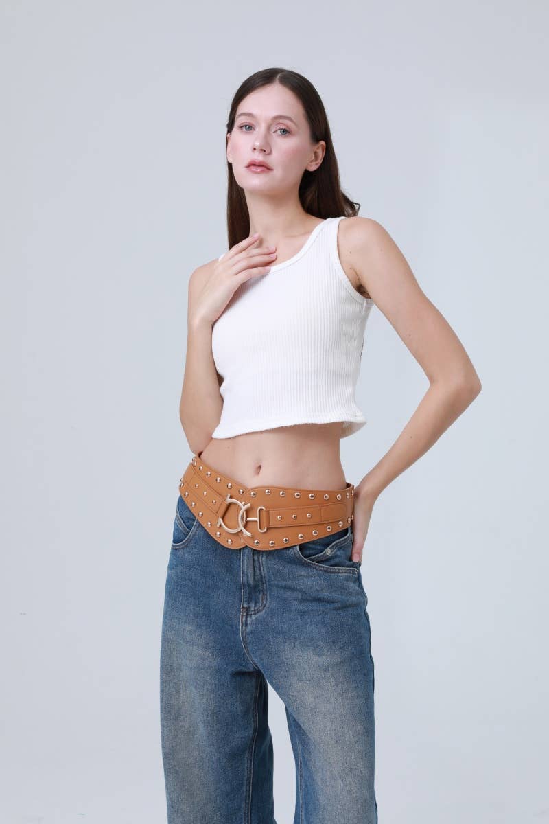 Bohemian Wide Leather Belt – Studded Ethnic Waist Cincher