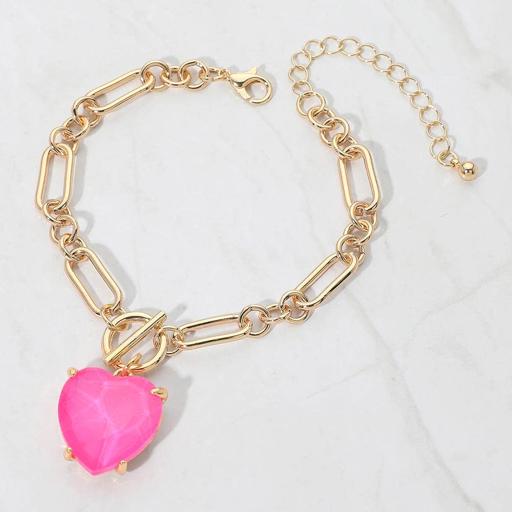 Chunky Heart Stone Cluster Toggle Charm Bracelet