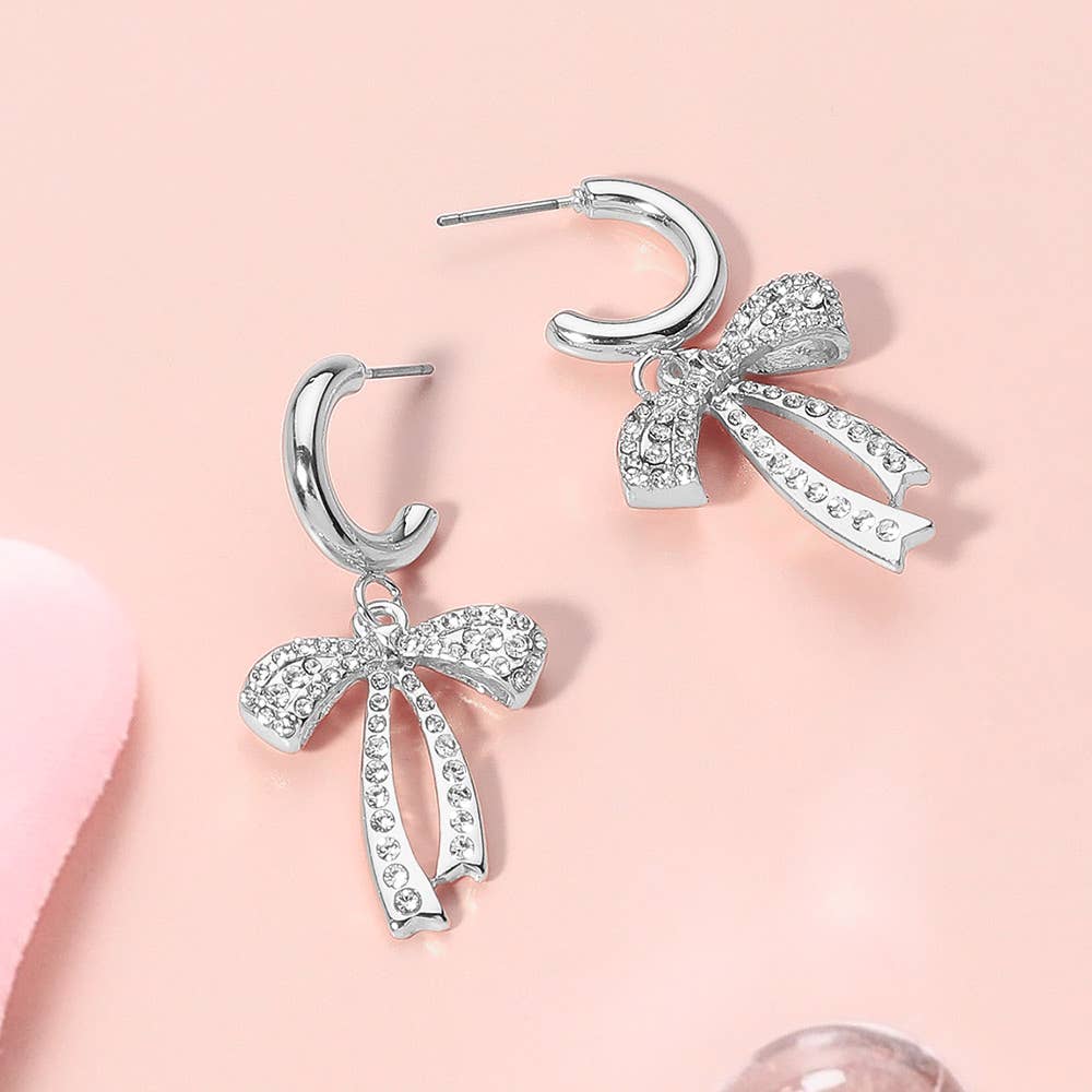 Stone Paved Metal Bow Dangle Mini Hoop Earrings: Silver