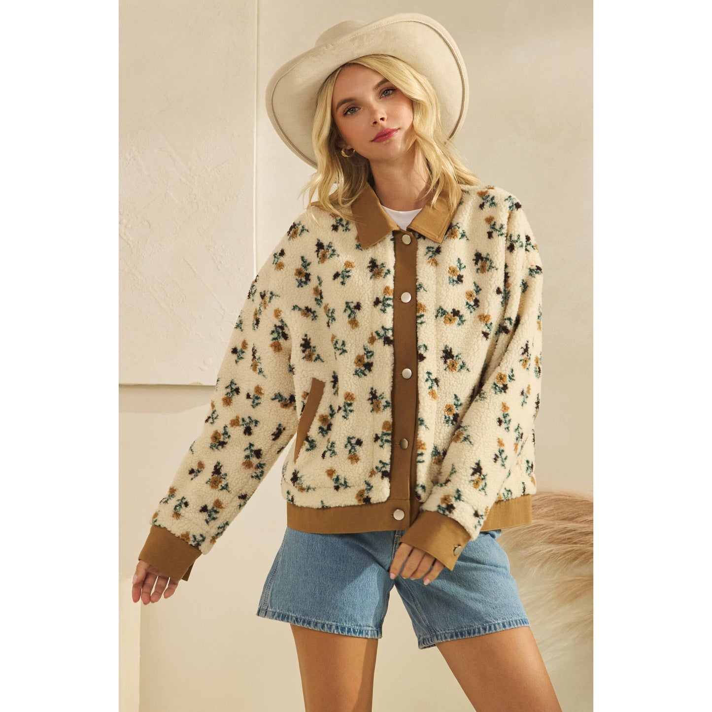 Printed Contrast Button Down Sweater: Brown / L