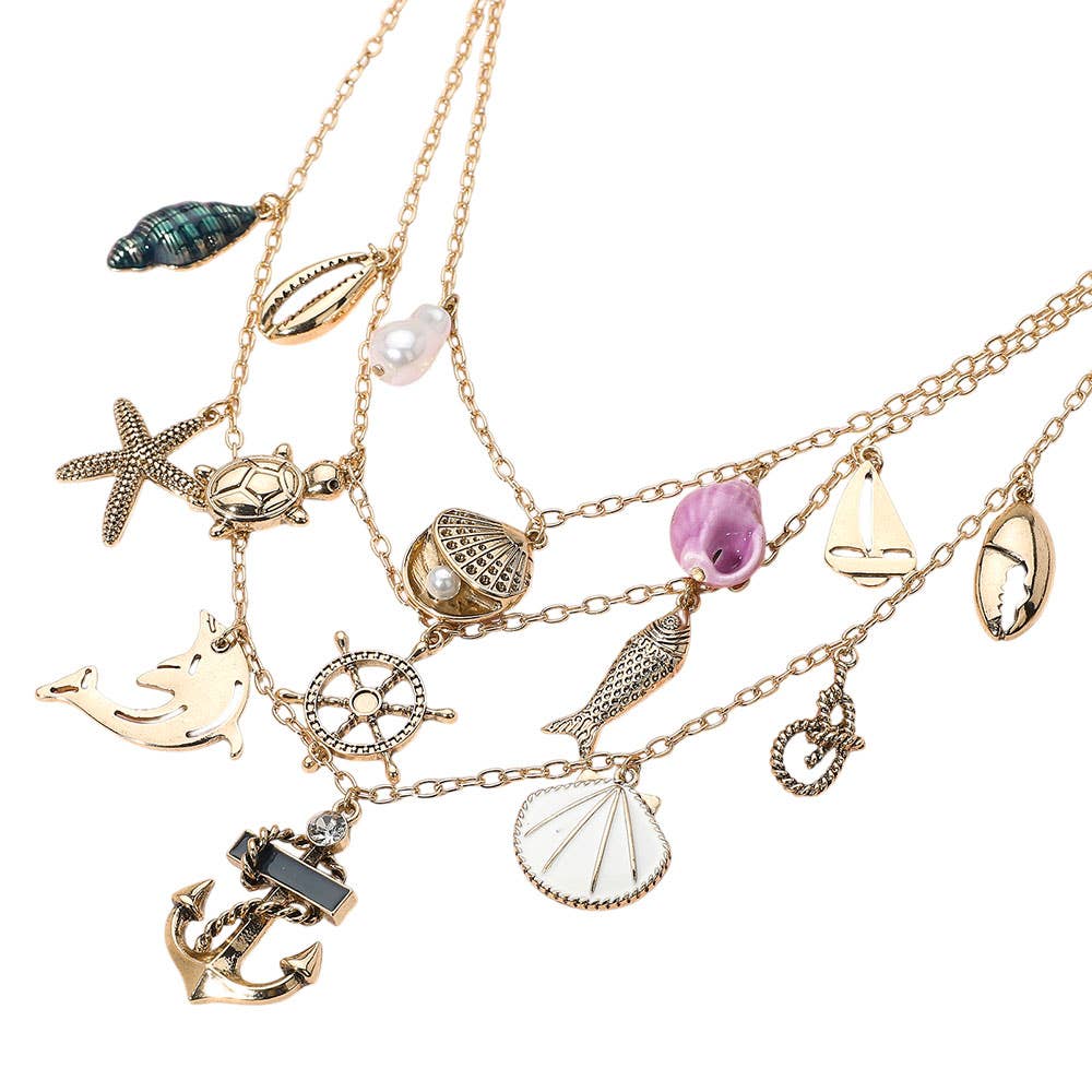Anchor Sea Shell Pearl Dolphin Fish Rope Sea Turtle Charm Embellished Triple Layered Necklace: Antique Rhodium,Multi