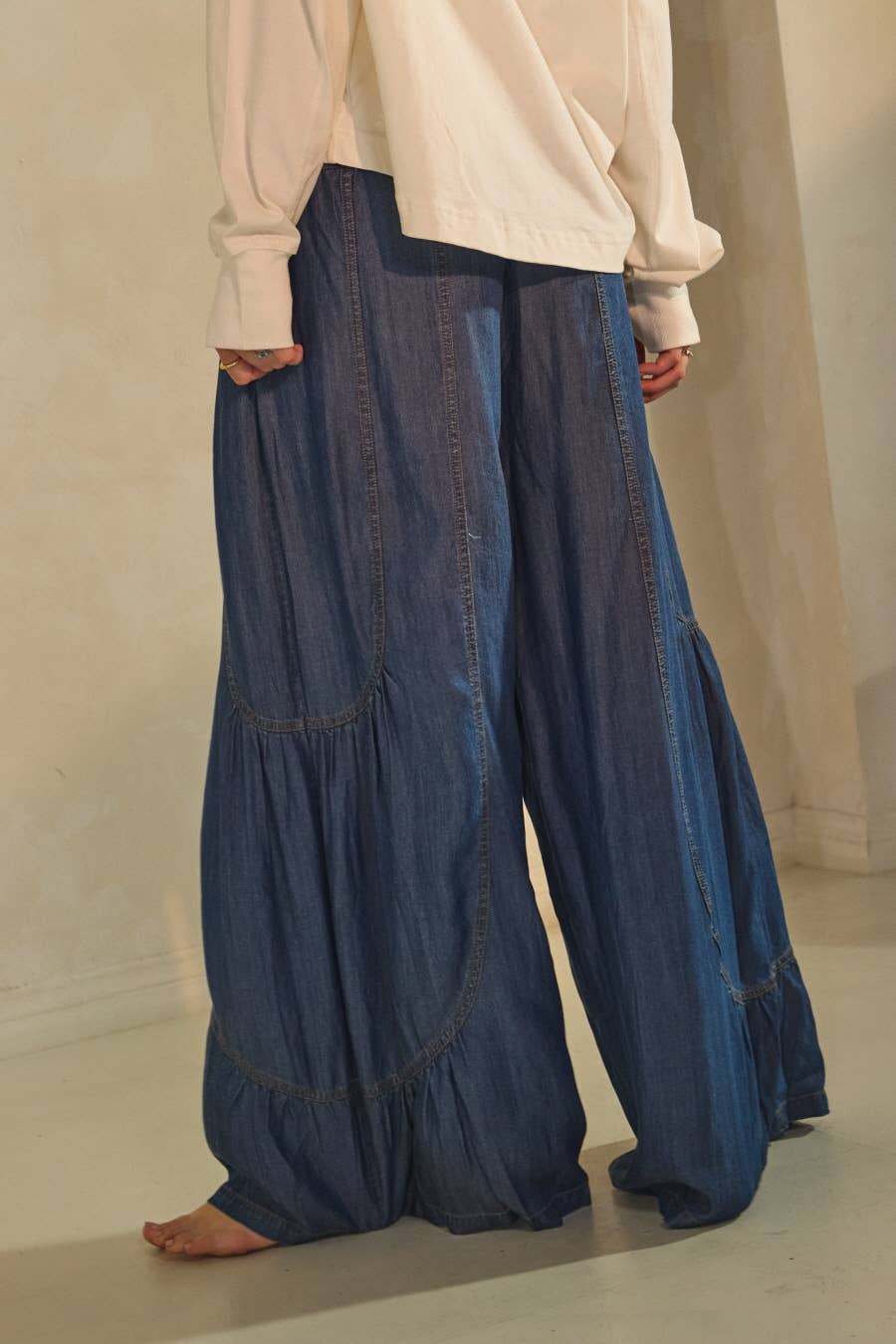 Chambray Denim Wide Palazzo Pants: Washed Dark Chambray / S