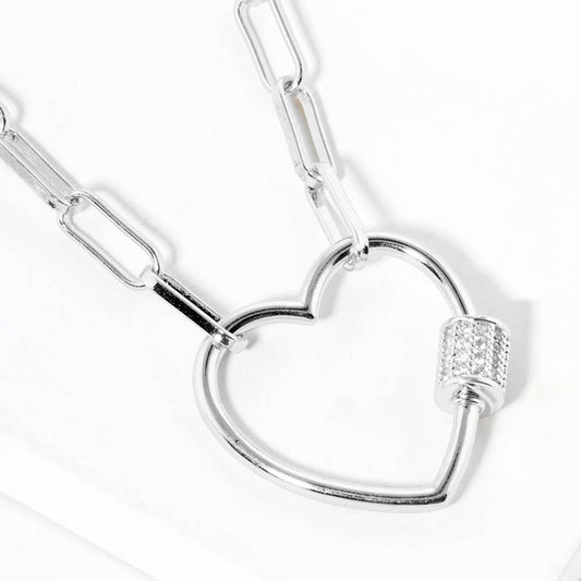 Gold Dipped CZ Open Heart Carabiner Pendant Chain Necklace: Silver