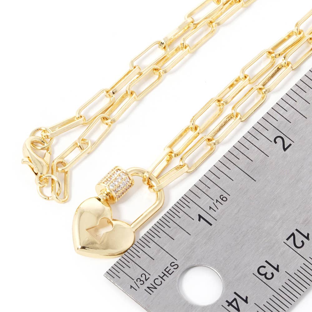 J17. Gold Dipped CZ Paved Heart Pendant Paperclip Chain Necklace