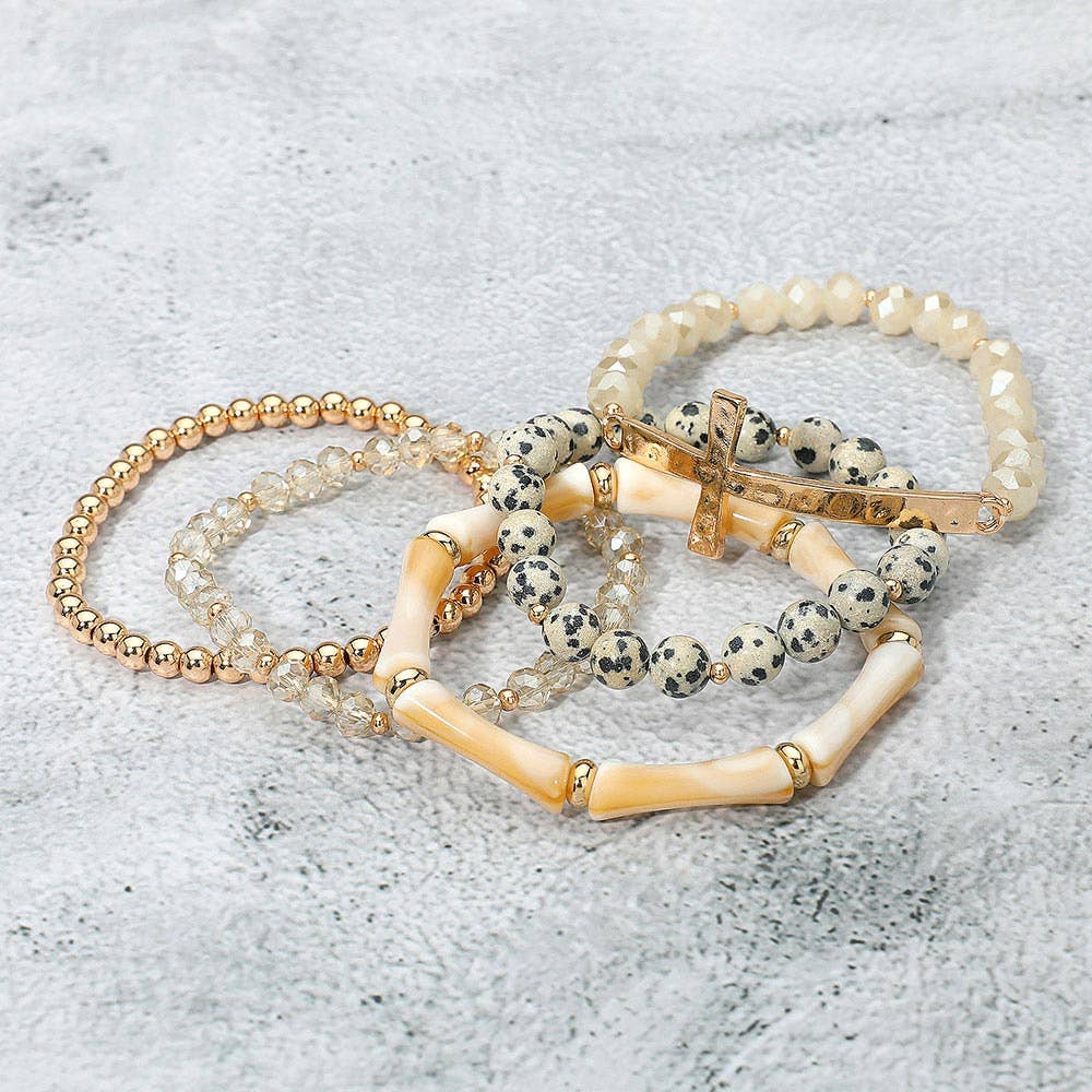 5PCS - Metal Cross Accent Resin Bamboo Bar Faceted Beaded Stretch Multi Layered Bracelets