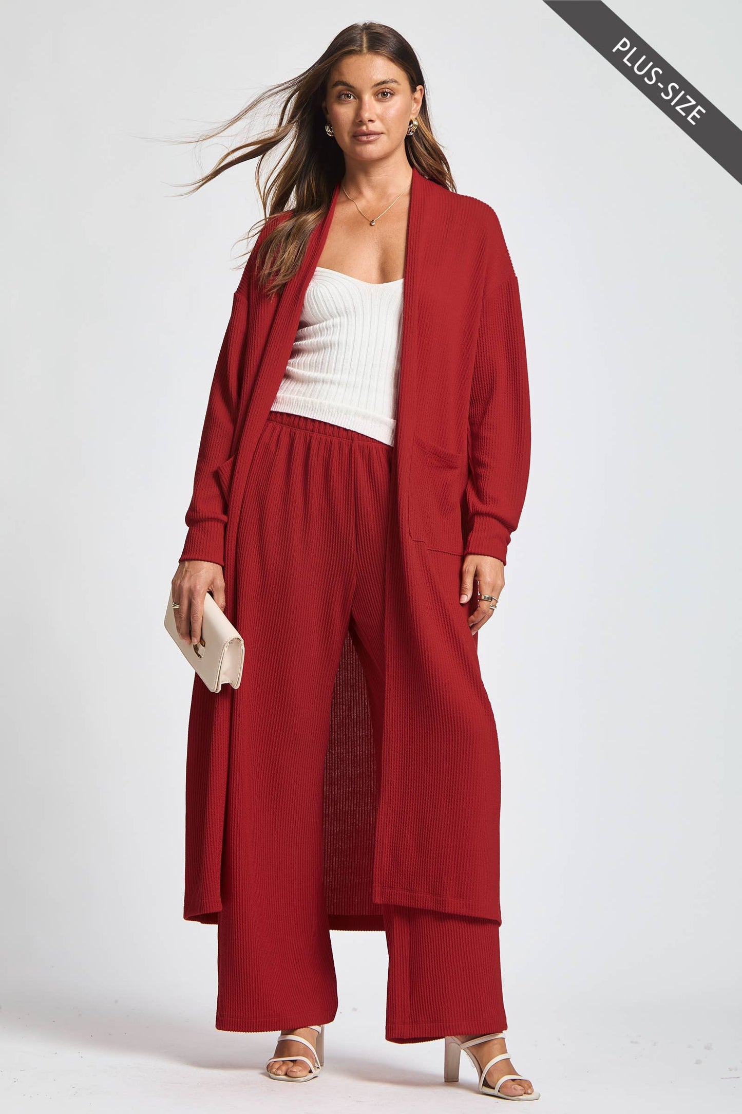 PLUS SIZE Longline Cardigan + Relaxed Pants 2 Piece Set: RED / 3X