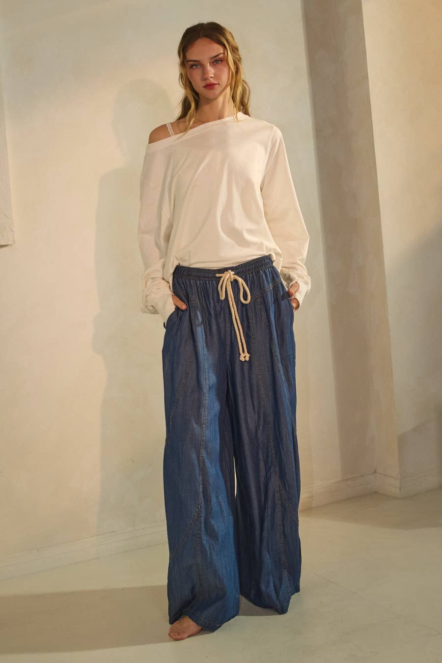 Chambray Denim Wide Palazzo Pants: Washed Dark Chambray / S