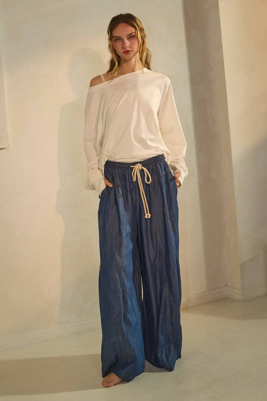 Chambray Denim Wide Palazzo Pants: Washed Dark Chambray / S