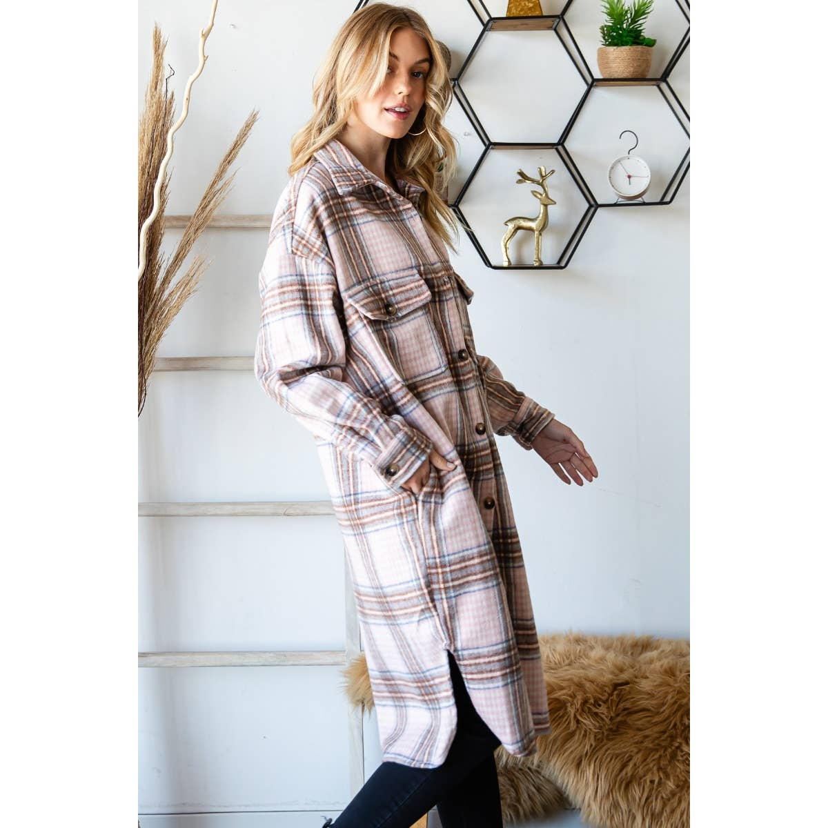 Wool Mix Plaid Checker Longline Shacket: Pink Combo / M