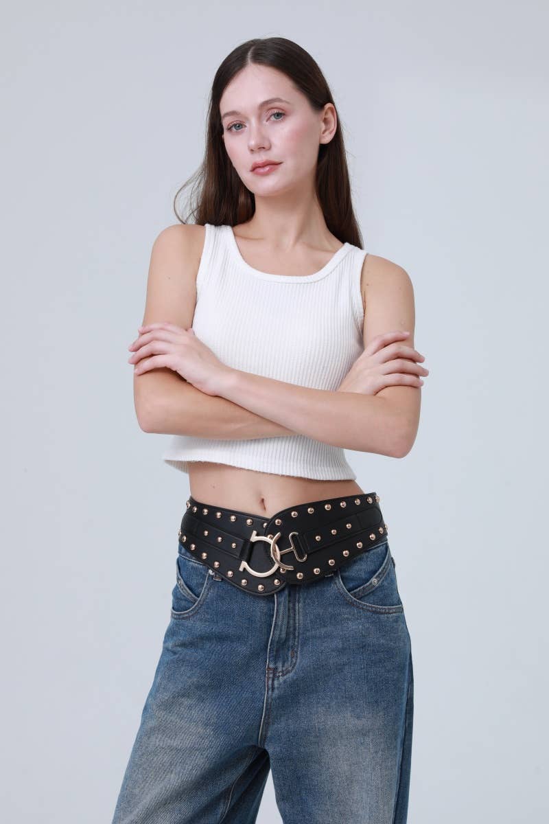Bohemian Wide Leather Belt – Studded Ethnic Waist Cincher
