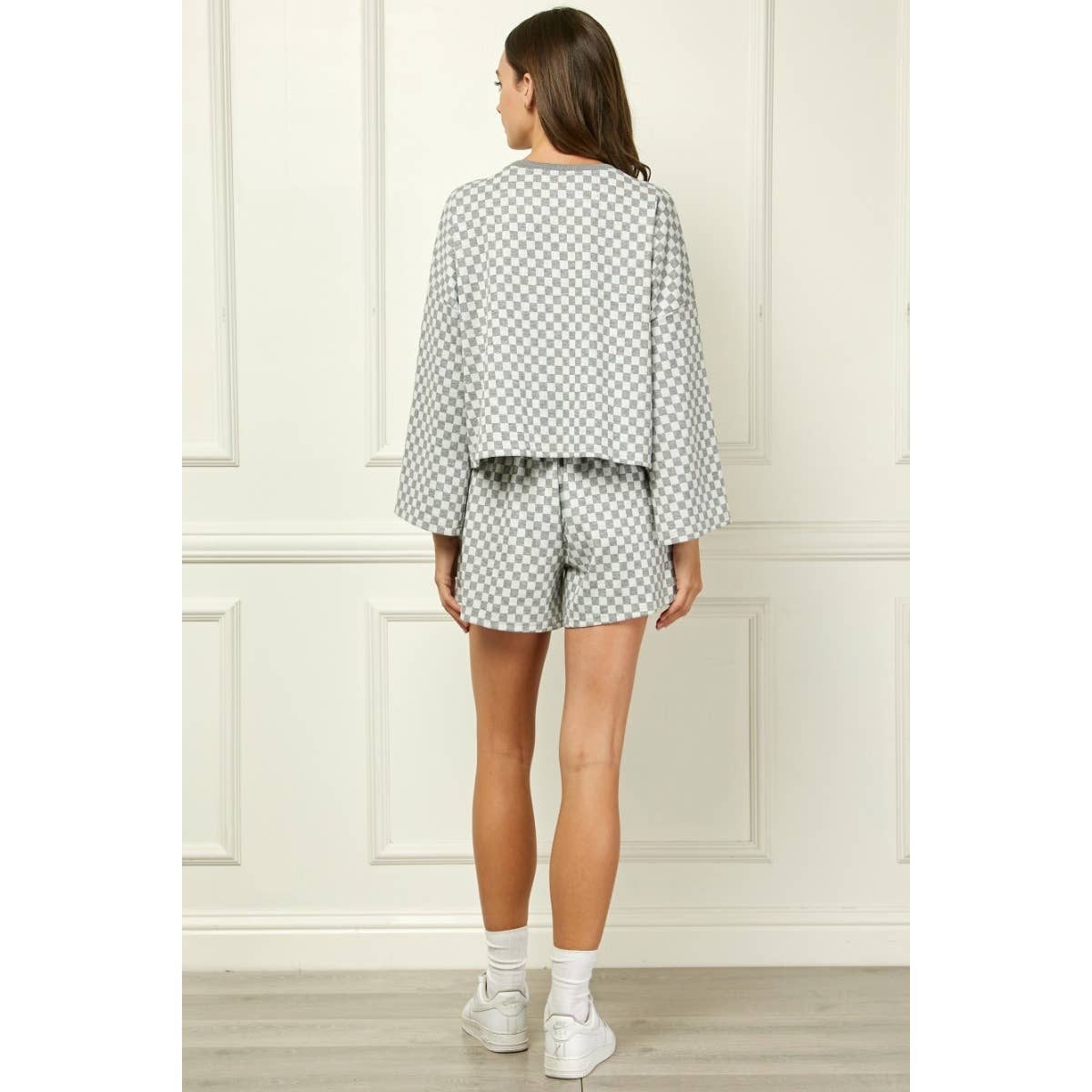 Checker Jersey Long Sleeve Top : Brown / S