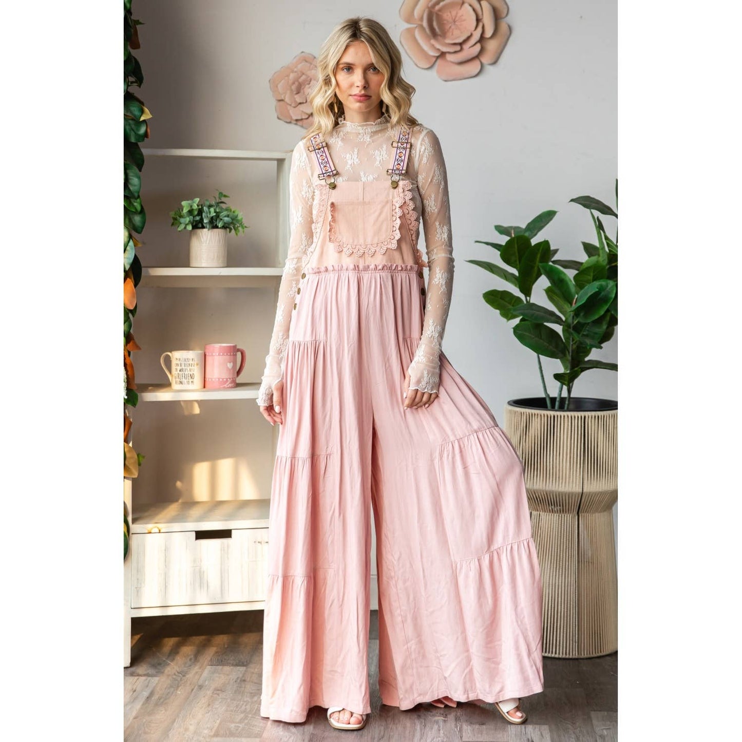 Embroidered Strap Flowy Jumpsuit: Black / L