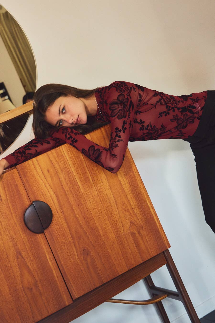 Sheer Mesh Floral Flocking Printed Top