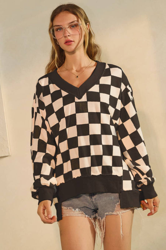 Checkerboard Oversized Sweatshirt: Washed Black / M
