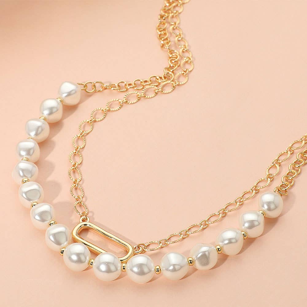 Pearl Chain Link Layered Necklace: Cream,Gold