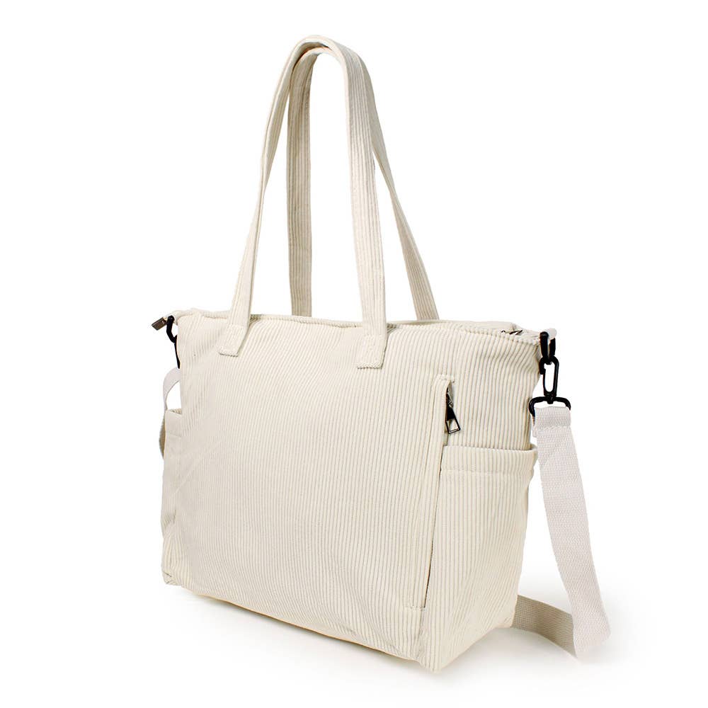 Multi Pocket Corduroy Tote Bag: Ivory
