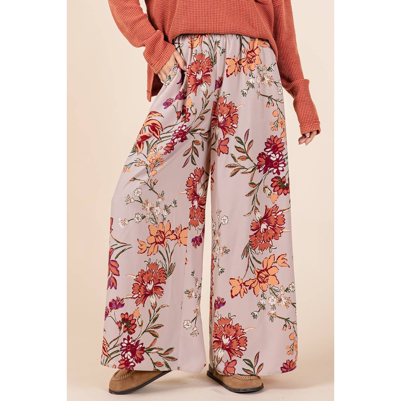 FLOWER PRINT ELASTIC WAIST MID RISE WIDE LEG PANTS