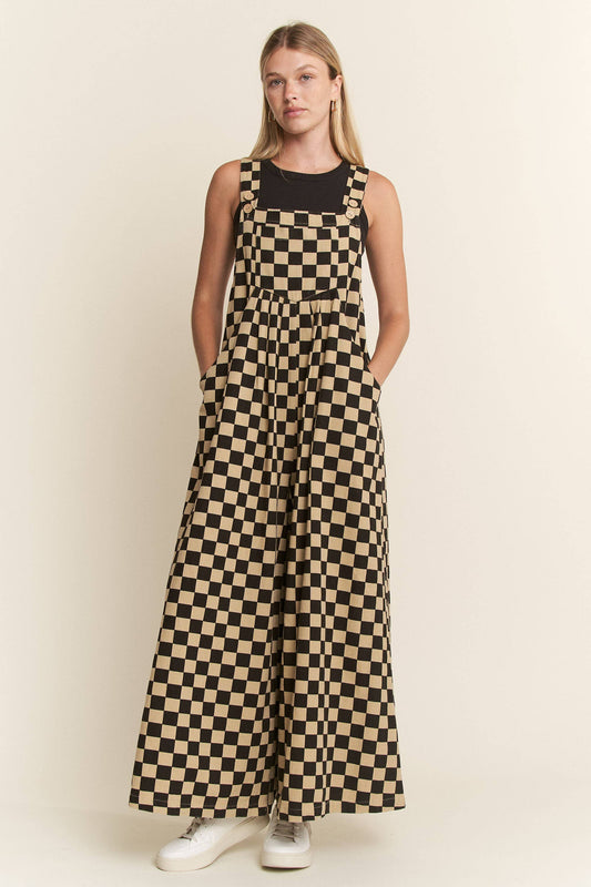 CHECKERED WIDE LEG OVERALLS