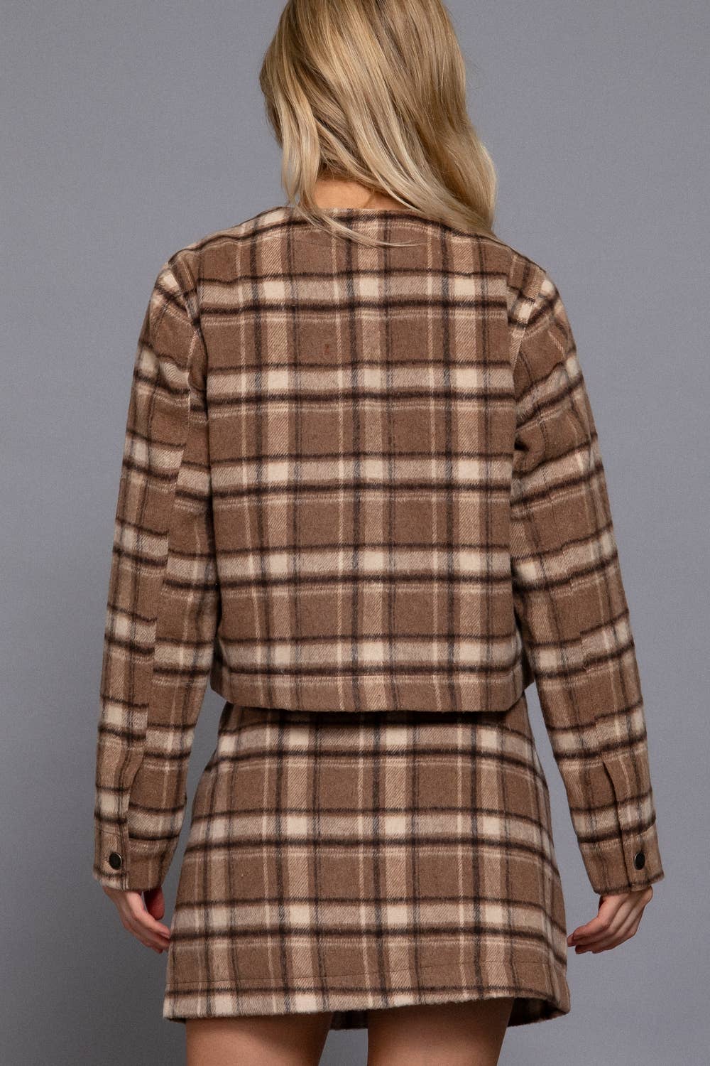 Long Sleeve Round Neck Brushed Plaid Jacket