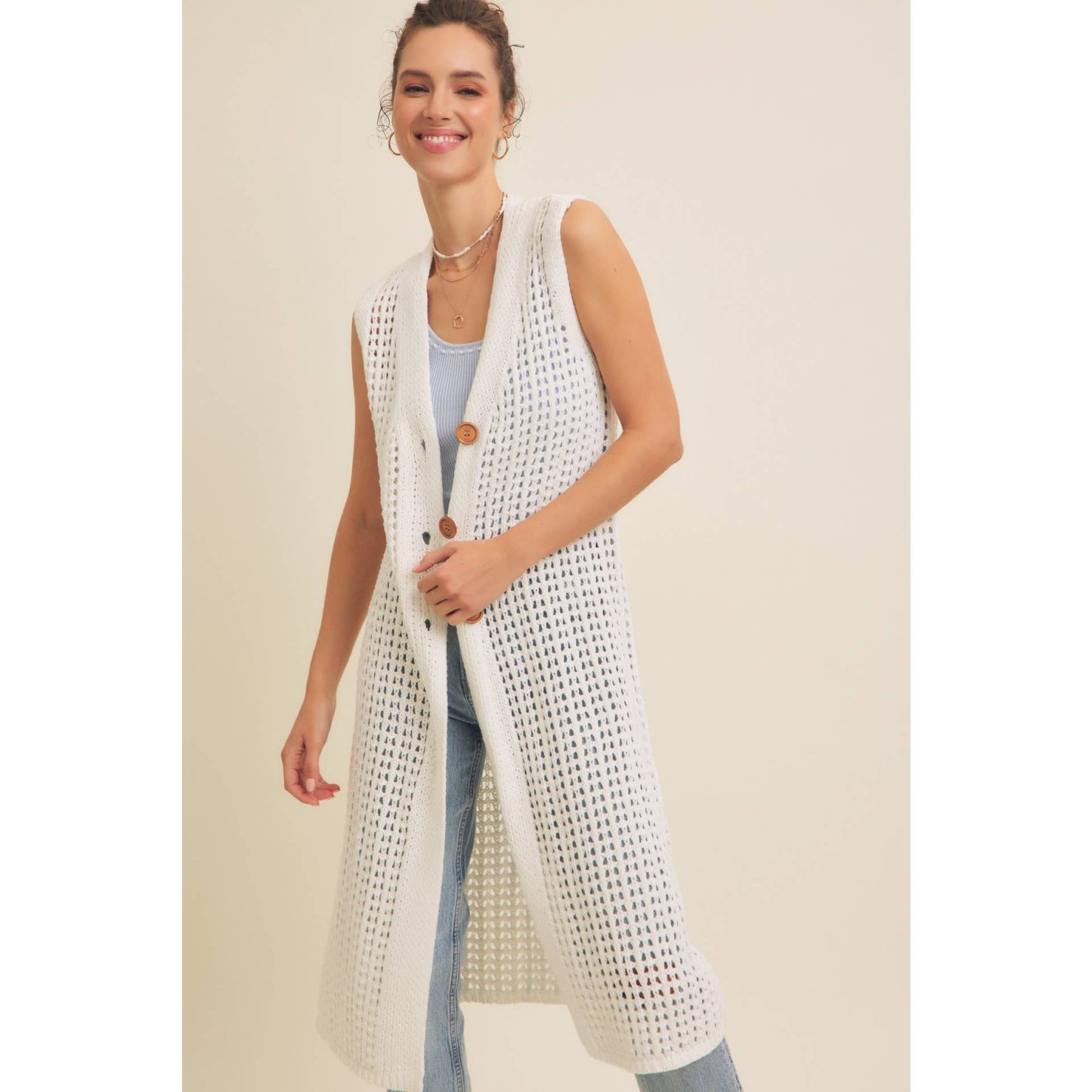 BUTTON-DOWN OPEN KNIT SLEEVELESS MIDI SWEATER CARDIGAN