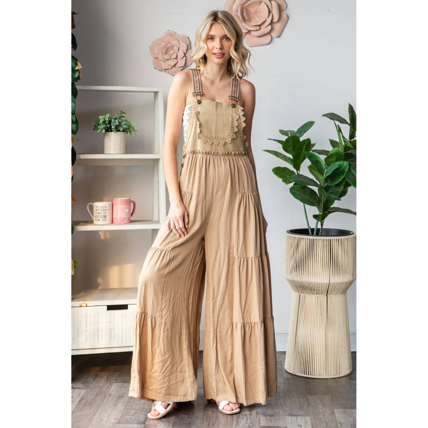 Embroidered Strap Flowy Jumpsuit: Black / L