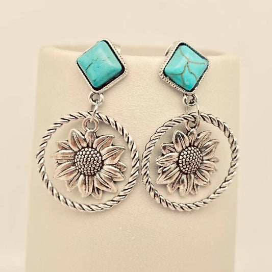 Western Style Sunflower Pendant Post Earrings - WJ