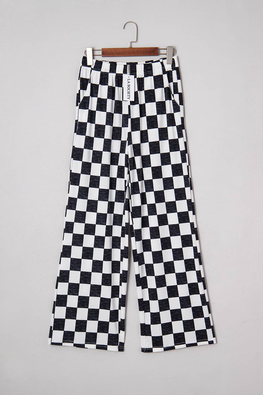 LA SOCIETY Checkered Print High Waist Wide Leg Pants Bottoms