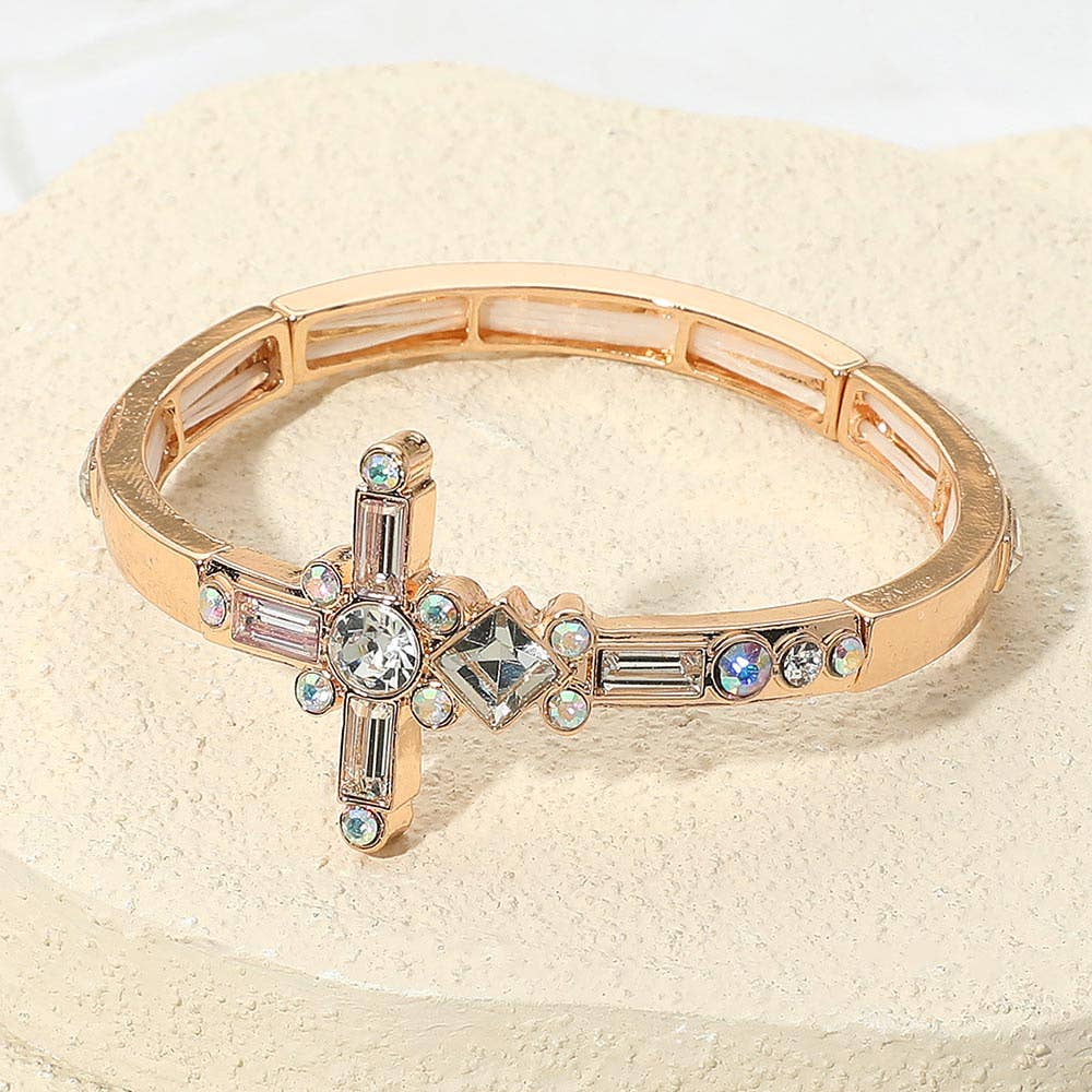 Mixed Stone Cross Accent Stretch Bracelet