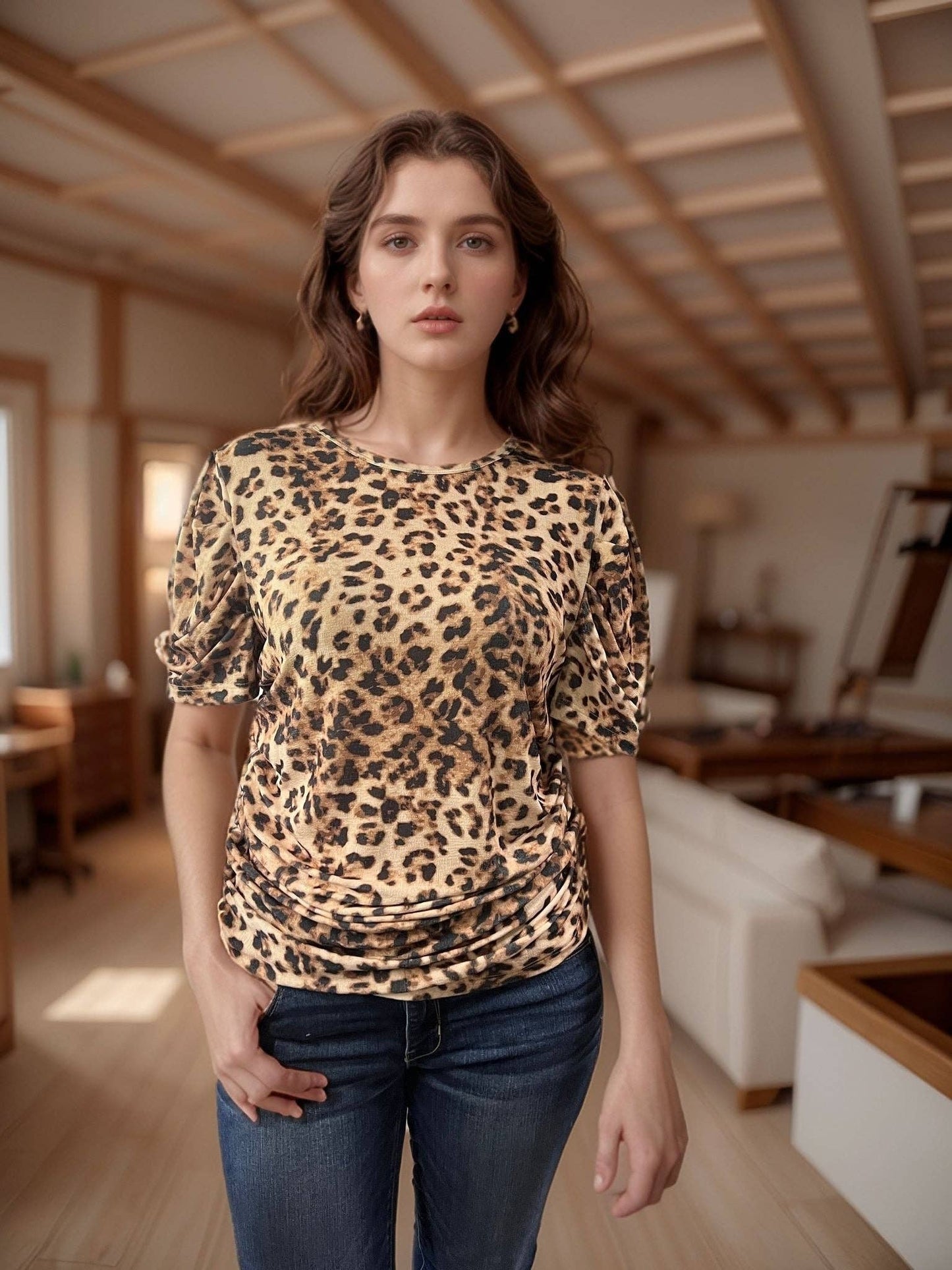 TZ82 Leopard Puff Sleeve Blouse