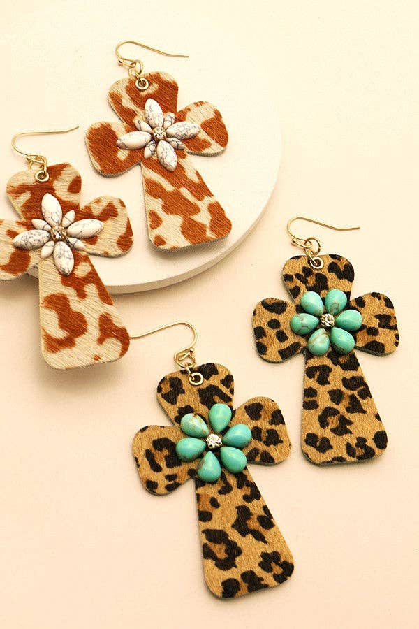BOHO FAUX LEATHER CROSS WITH STONE EARRINGS | 51E1093006: TURQ