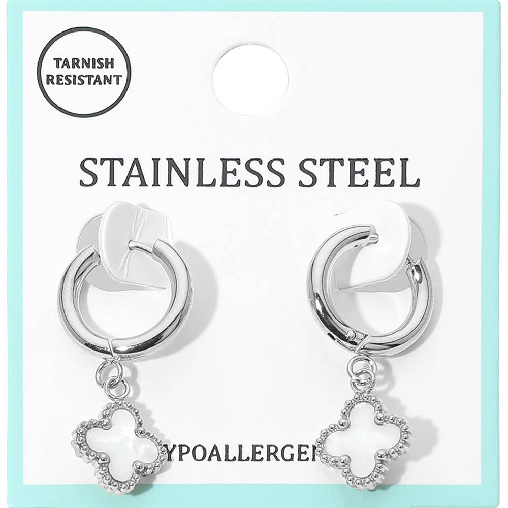 J11. Stainless Steel Quatrefoil Charm Drop Dangle Huggie Hoop Earrings