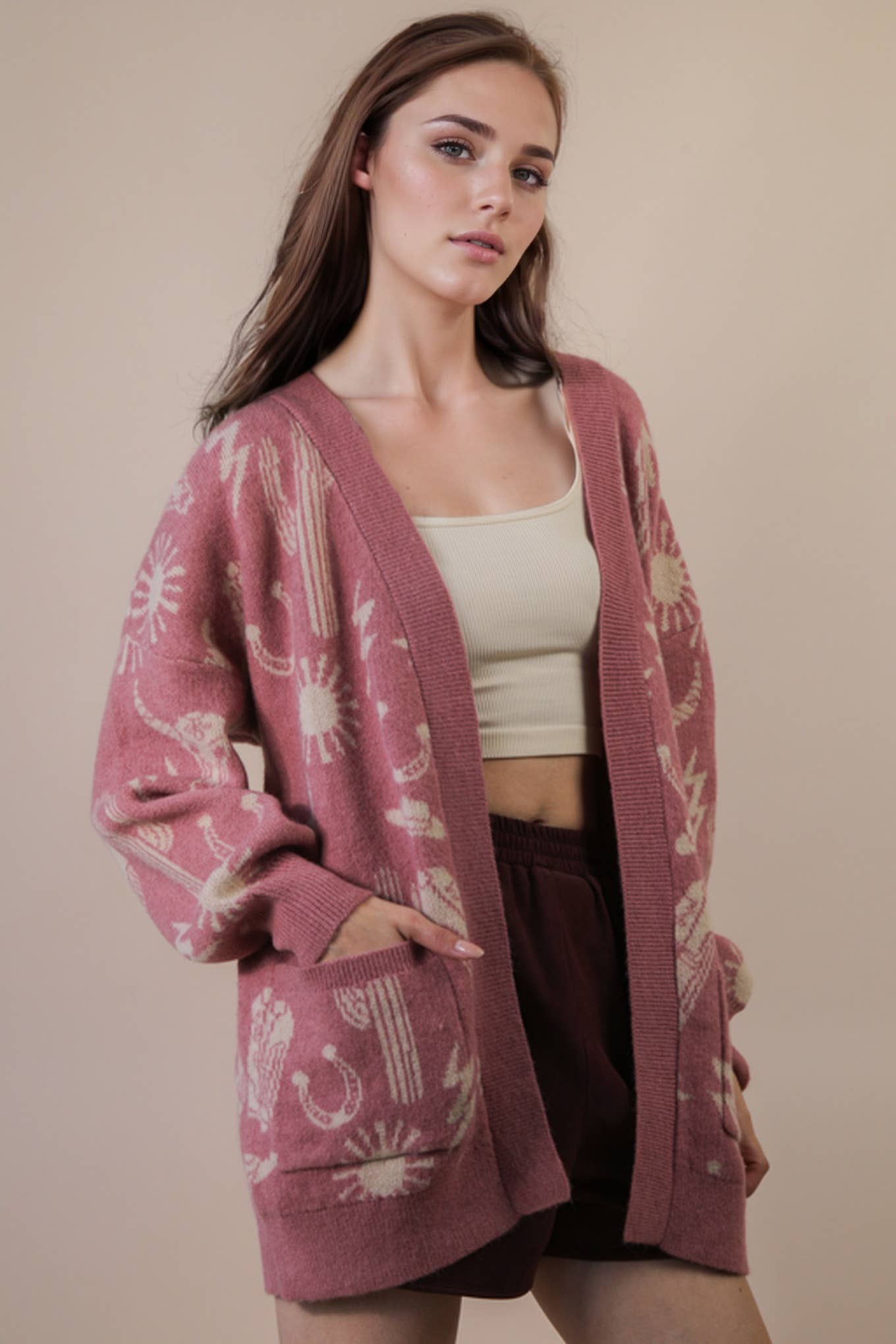 12W3393N-Oversized Western Graphic Knit Sweater Cardigan