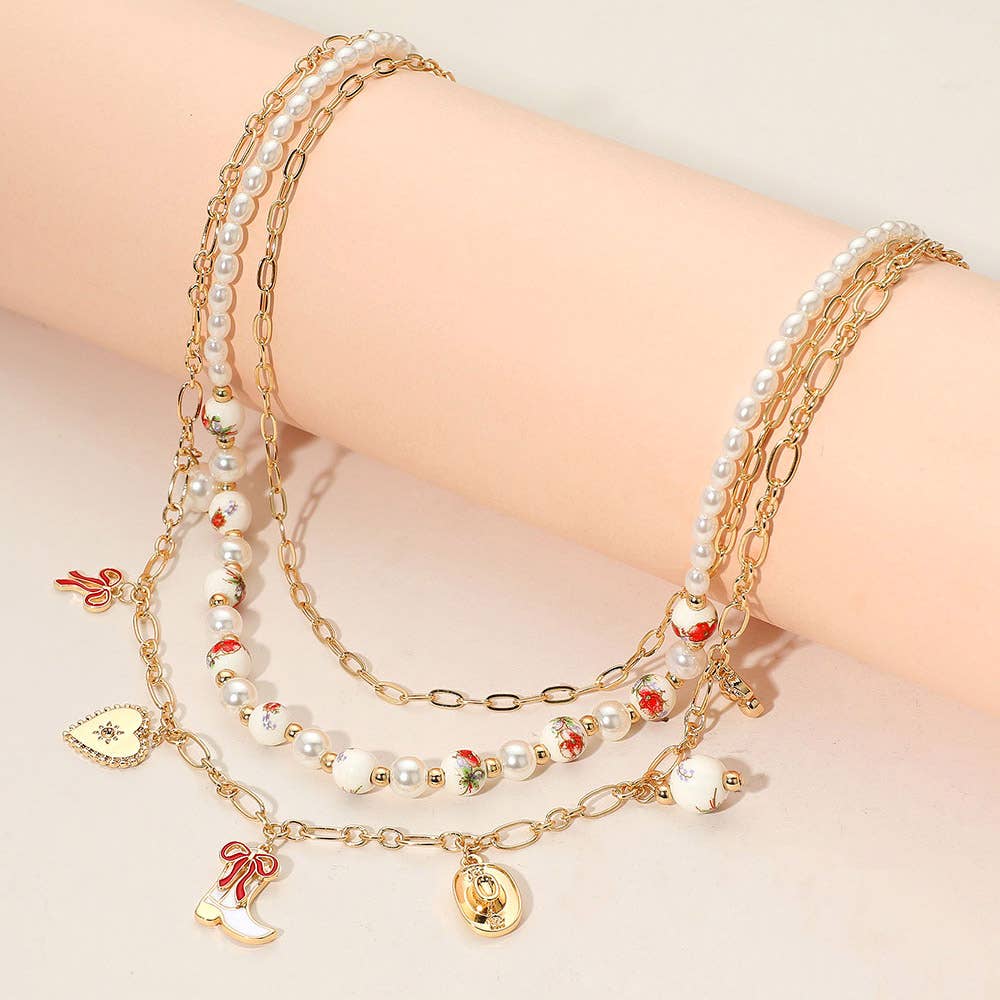 Western Cowboy Boot Hat Bow Cherry Heart Charm Station Pearl Floral Ceramic Ball Beaded Layered Necklace: Gold Green