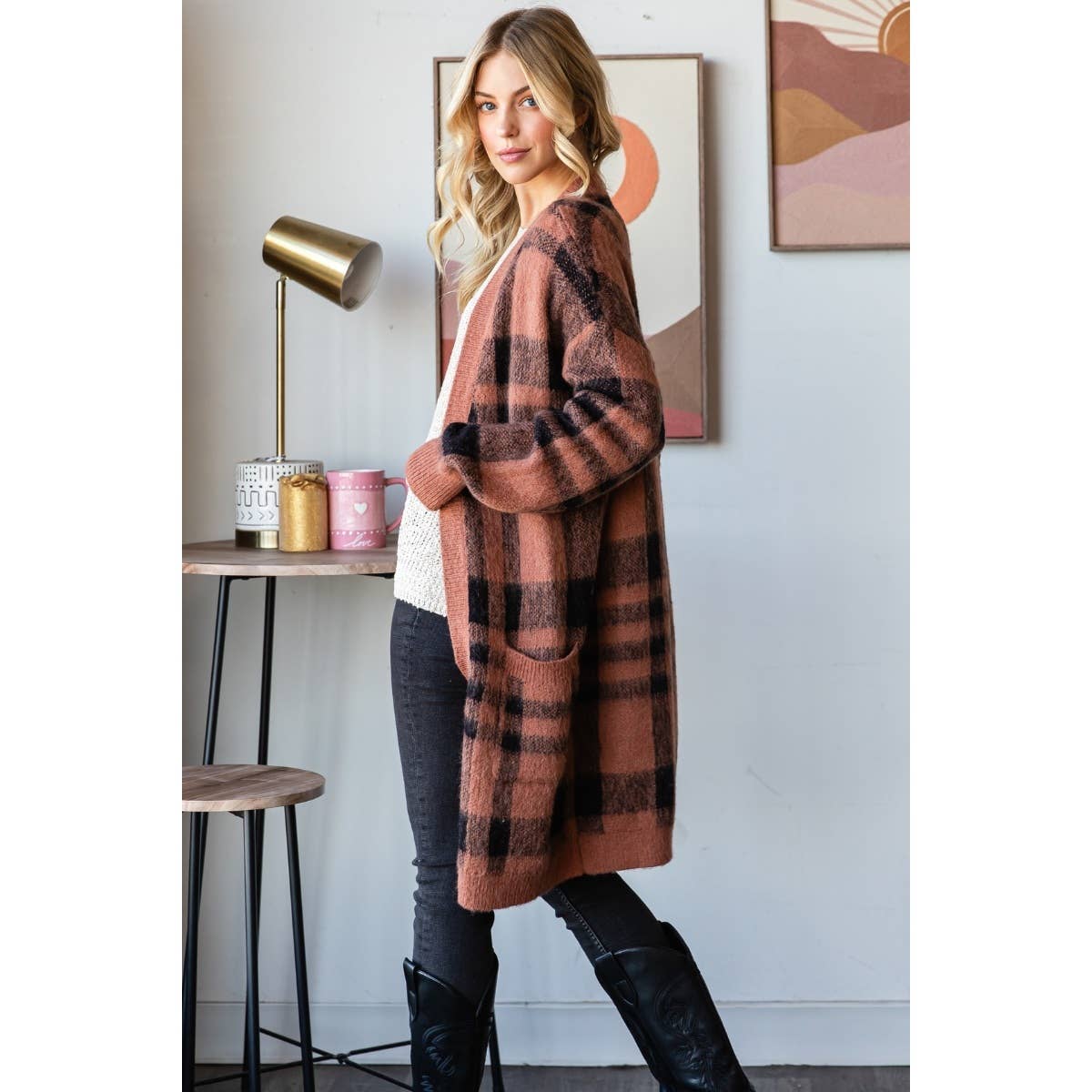 Mohair Sweater Long Cardigan  : Camel/Navy / L