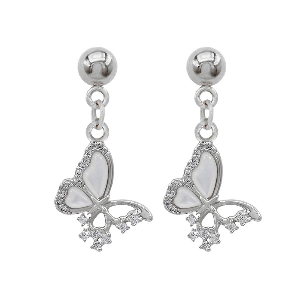 Stainless Steel CZ Stone Accent Mother of Pearl Butterfly Charm Dangle Earrings: Mother of Pearl,Silver