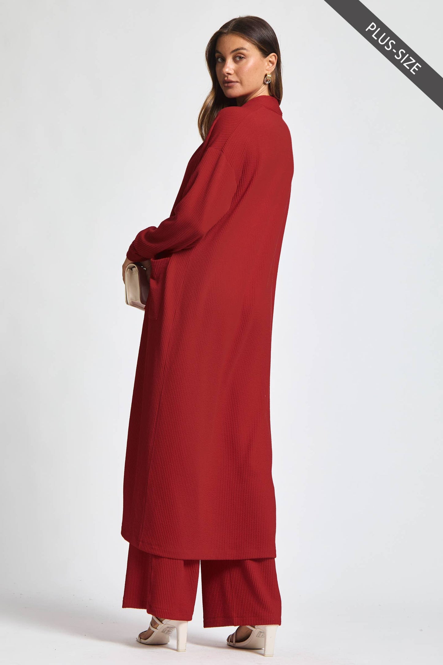 PLUS SIZE Longline Cardigan + Relaxed Pants 2 Piece Set: RED / 3X