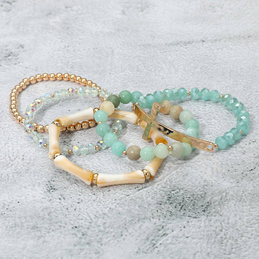 5PCS - Metal Cross Accent Resin Bamboo Bar Faceted Beaded Stretch Multi Layered Bracelets