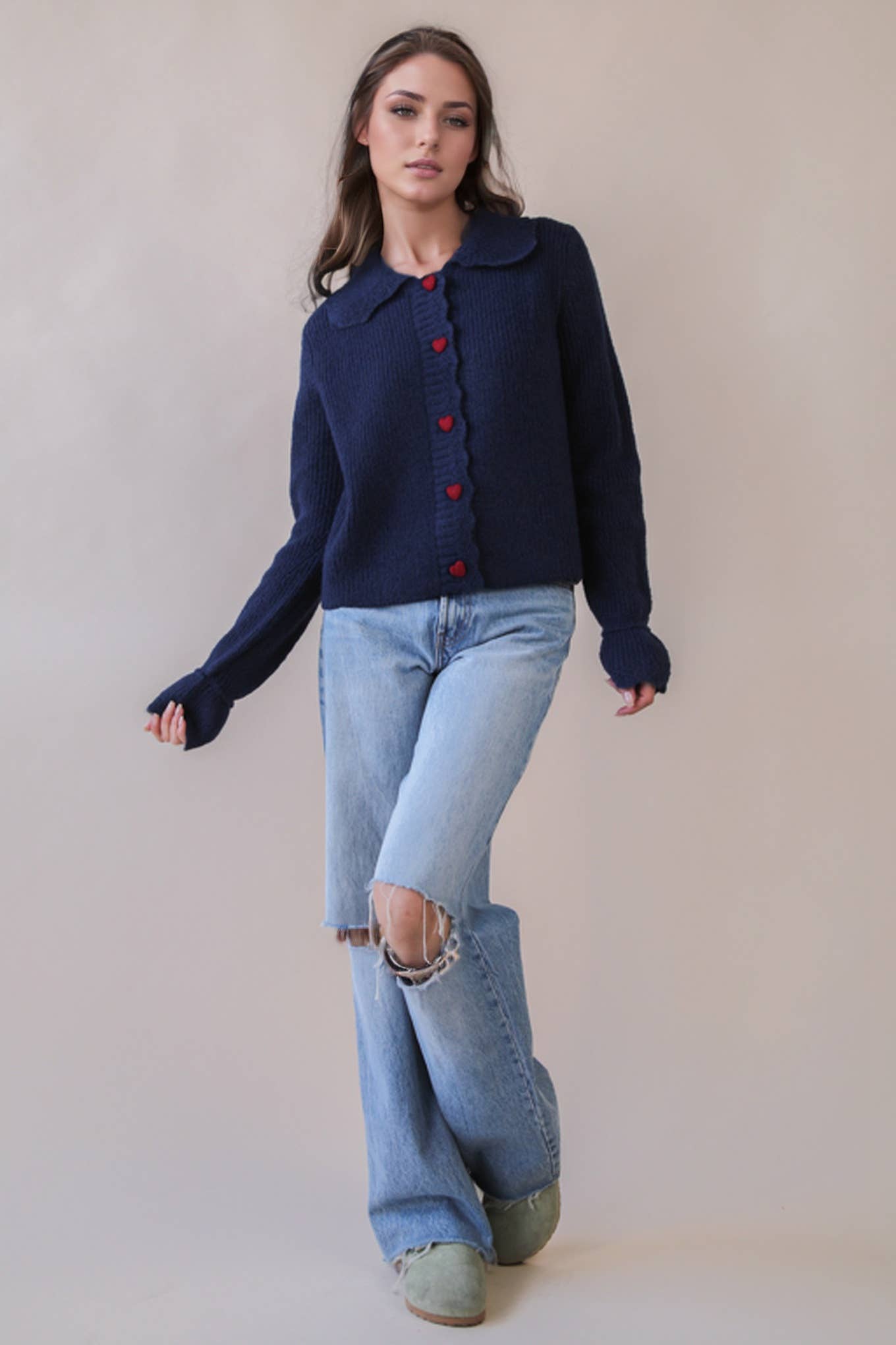 12W3445N-Heart Button Down Knit Sweater Cardigan