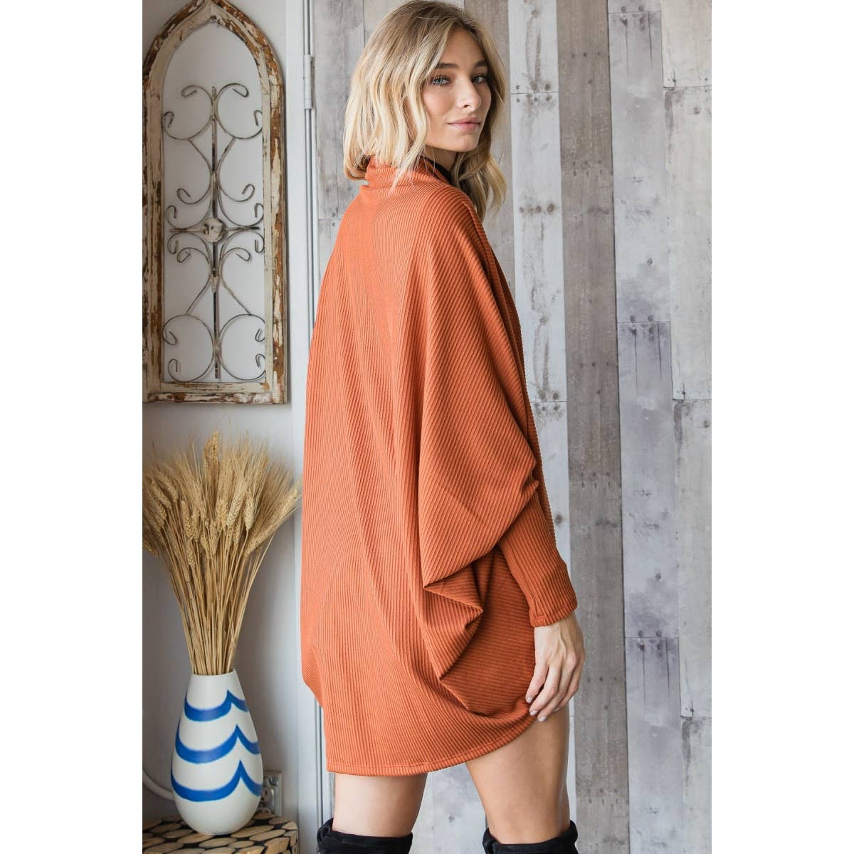 J70802 - Urban Knit Shawl Open Front Cardigan: Olive / S