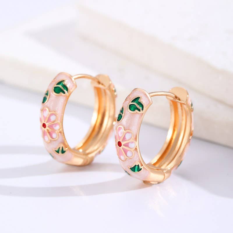 VINTAGE CLOISONNE ENAMEL FLORAL HOOP EARRINGS  | 40E358: Blue
